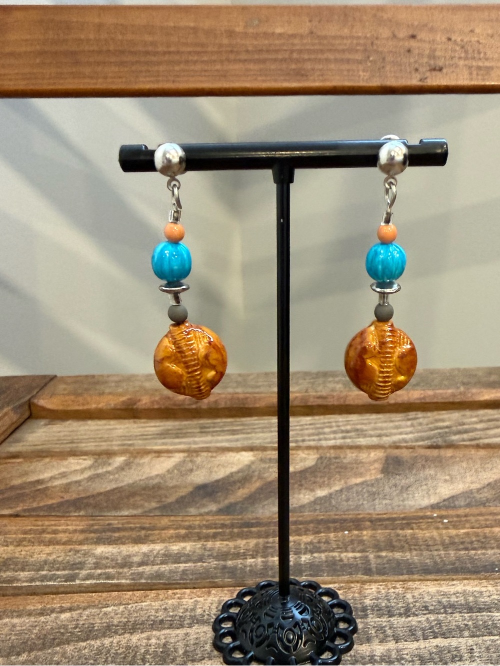Vintage Turquoise & Amber Beaded Dangle Earrings Pierced Boho Southwestern